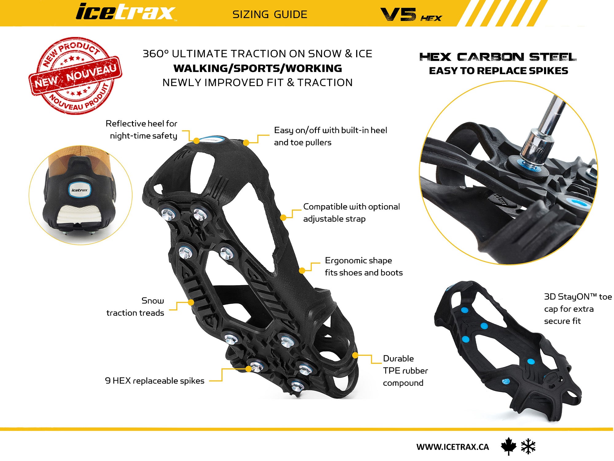 Crampons à glace ICETRAX V5 HEX, pointes faciles à remplacer