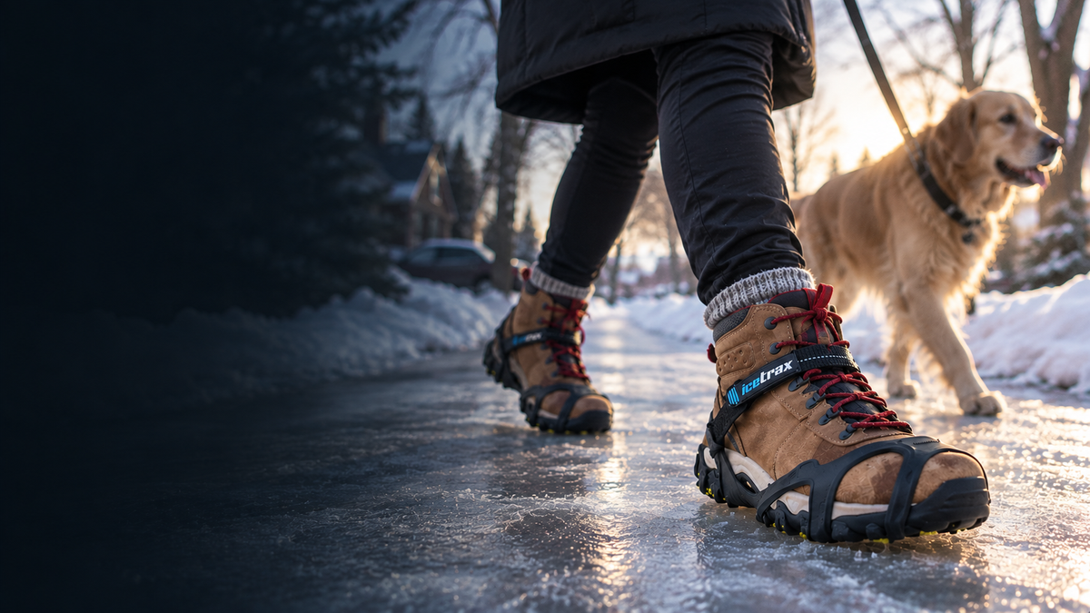A person walking outdoors on a snowy path wearing black ICETRAX over the boot ice cleats, with a golden retriever dog on a leash in the background.