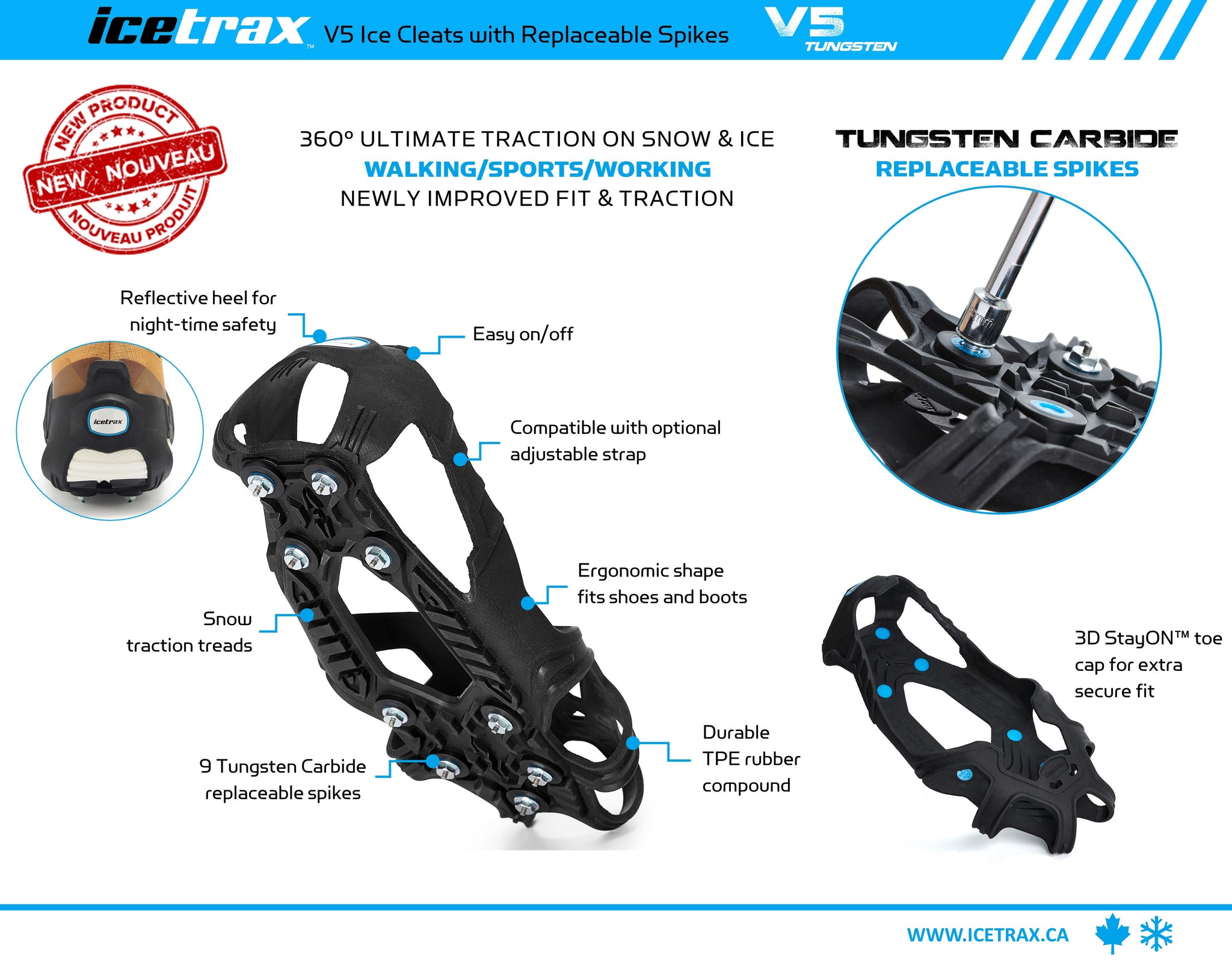 ICETRAX V5 Ice Cleats, Easy to Replace Spikes, Ice Grips for Shoes and Boots, StayON Toe, Reflective Heel