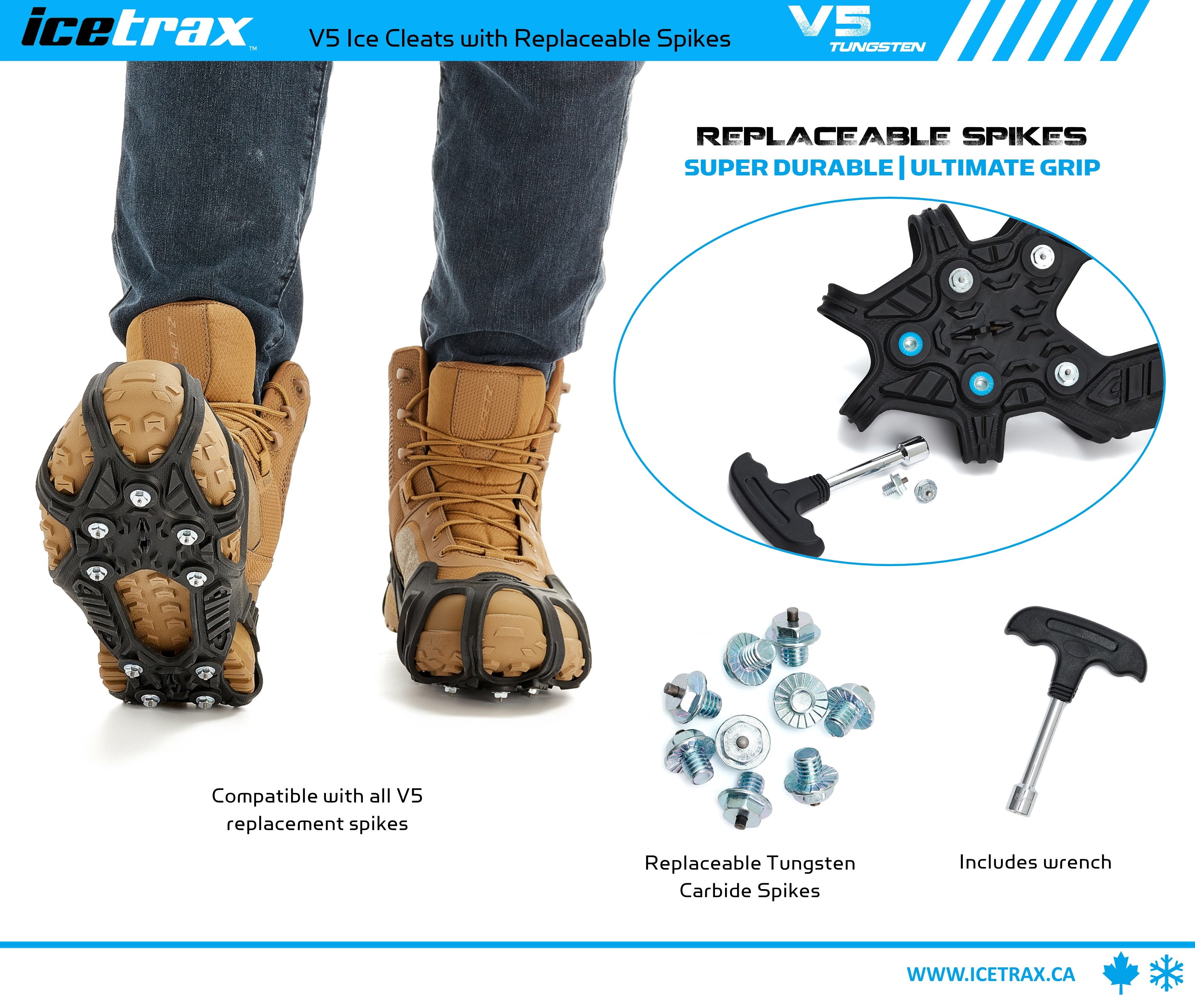 Crampons à glace en tungstène ICETRAX V5, pointes faciles à remplacer